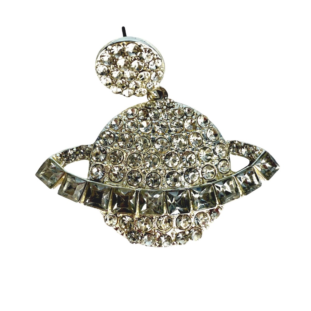 Rhinestone Saturn Planet Earrings Crystal Silver Tone Celestial Statement Dangle - Picture 7 of 7